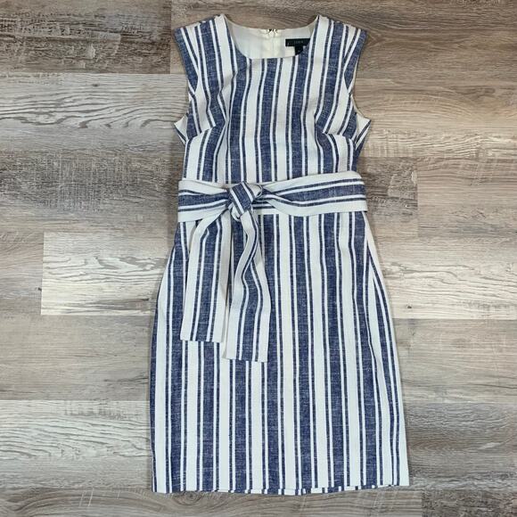 NWT J.Crew Blue White Stripe Tie Waist Sheath Dress Size 00 Linen Blend - Picture 1 of 7